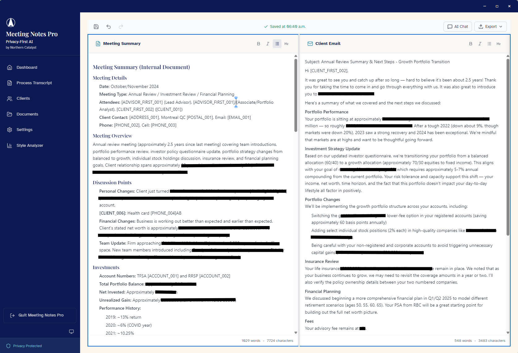The Meeting Notes Pro dual-pane canvas editor showing a meeting summary alongside a client follow-up email, both produced from one transcript. Token placeholders visible where personally identifiable information has been re-integrated locally on the advisor's device.